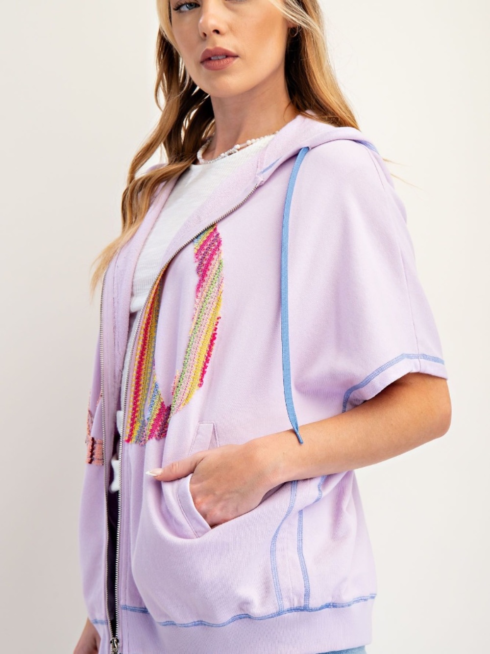 Easel Lavender Peace Patch Reverse Stitch Short Sleeve Hoodie top - Picture 4 of 5